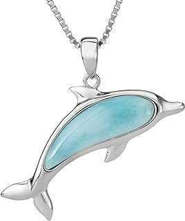 925 Sterling Silver Natural Larimar Dolphin Necklace Pendant with 18" Box Chain, Nickel Free Hypoallergenic for Sensitive Skin, Gift Box Included, Sea Ocean Jewelry Gifts for Women Wife Mom Daughter
