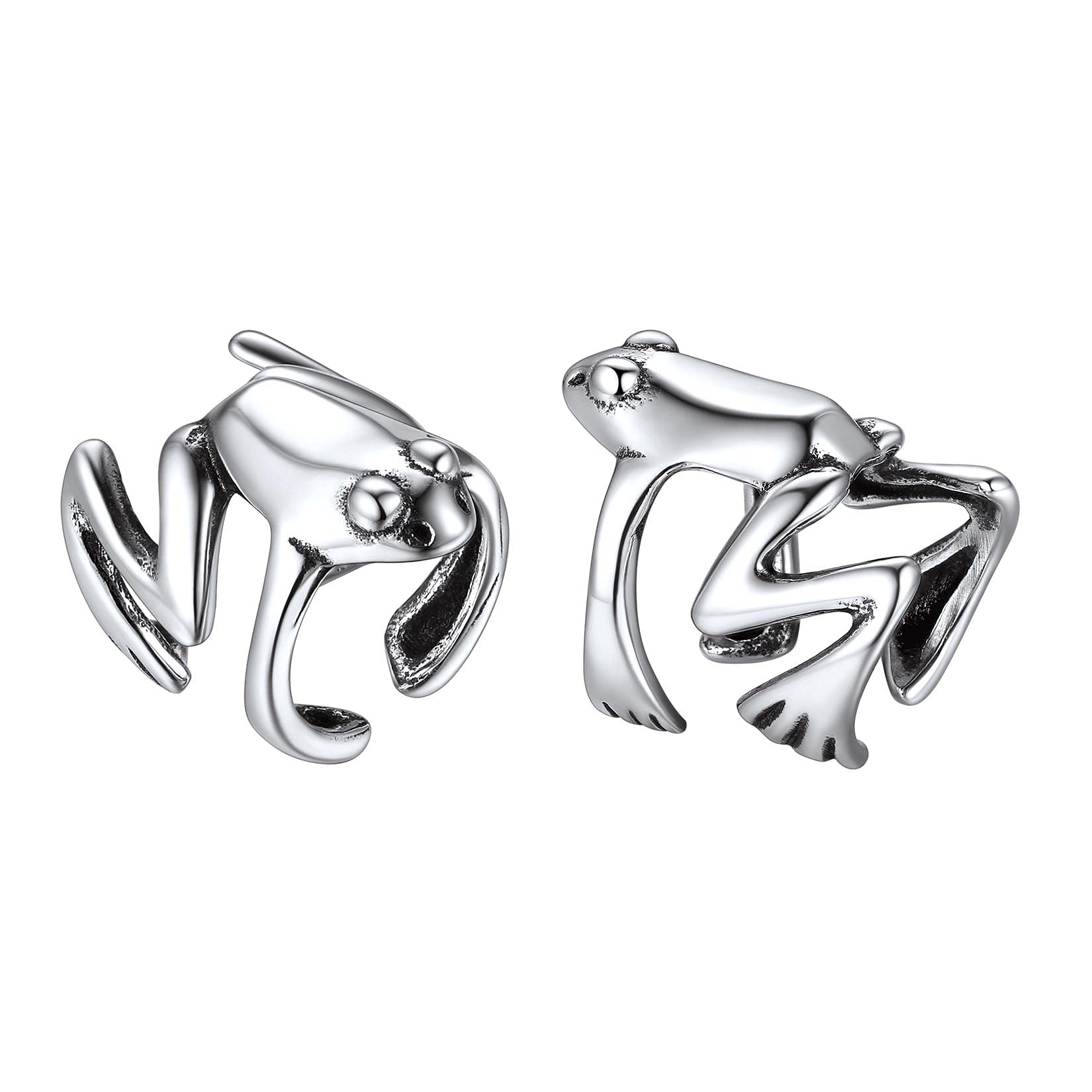 Sterling Silver Clip-On Frog Stud Earrings - SILVERCUTE 925 Non-Piercing Ear Cuffs for Men and Women - Unique Dinosaur, Devil Horn, Leaf, Snake, Skeleton Designs