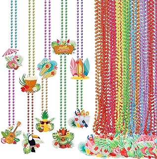 100 Pcs Colorful Beaded Necklace Bulk Summer Themed Flamingo Pineapple Palm Tree Toucan Coconut Beach Pendant Necklaces Hawaiian Luau Necklaces Accessories for Hawaiian Costume Party Supplies