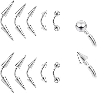 ZS 10pc Stainless Steel Spike Piercing Jewelry, Versatile Rings for Eyebrow, Lip, Rook, Tragus, Nose Bridge - 16G/18G Threaded Barbell Design for Comfortable, Allergy-free Wear