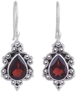 NOVICA Artisan Handmade Garnet Dangle Earrings Sterling Silver from India Red Gemstone Birthstone [1.3 in L x 0.5 in W x 0.2 in D] ' Red Intricacy'