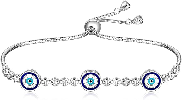 Lobster Claw Clasp Evil Eye Beaded Bracelet with Cubic Zirconia in Sterling Silver Link Chain, Perfect for Women, Offering Mushroom-Turtle Design