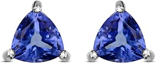 Platinum Plated Sterling Silver Tanzanite Stud Earrings for Women, Trillion Cut, Push Back Design, Ideal Birthstone Gift for Mom