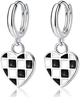 Black White Plaid Heart Charm Drop Hoop Earrings Cartilage Hypoallergenic Sterling Silver Plated Small Huggie Hoops Earring Checkered Love Heart Dangle Piercing Cuffs Minimalist Jewelry for Women