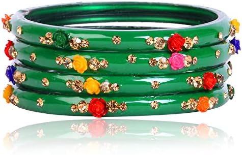 Spring Ring Clasp Indian Bangle Bracelets with Box Chain, Elegant Flower Design for Women - JD'Z COLLECTION 4pc Glass Bollywood Bangles Set