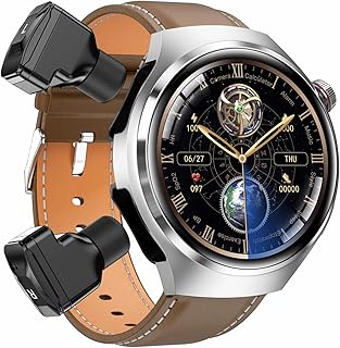 JUSUTEK丸型スマートウォッチとTWSイヤホン、1.53インチ大画面、デュアルBluetooth通話、女性機能、シルバーレザーのスタイル。