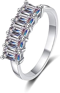 2.5 Carat 3X5mm 5 Stone Emerald Cut Moissanite Half Eternity Wedding Band Ring for Women Sterling Silver with White Gold Plated D Color VVS1 Lab Created Diamond Anniversary Promise Ring for Her Size 5-10