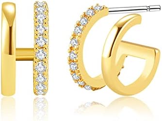 Obidos 14K Gold Plated Double Huggie Hoop Earrings for One Hole | Illusion Stud Earrings for Women | Gold Huggie Small Hoop Earrings for Women | Boho Simple Hypoallergenic Earrings