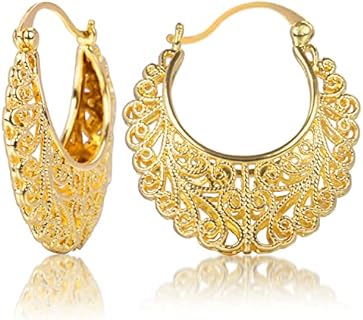 Golden Filigree Earrings Vintage Filigree Hoop Earrings Oval Hollowed Gold Plated Dangle Earrings Click-Top Boho Yellow Fashion Earrings for Women