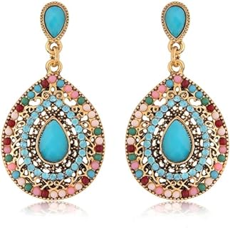 French Wire Back Turquoise Drop Earrings with Created Alexandrite Gems for Women, Bohemian Dangle Design with Hypoallergenic Zinc Alloy Material