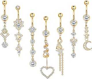 Florideco 7Pcs 14g Belly Button Rings Dangle 316L Surgical Steel CZ Navel Ring Barbell for Women Body Piercing Jewelry Silver/Gold/Rose Gold