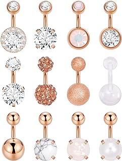 12-Piece Short Belly Button Ring Set for Women - Featuring Diverse Opal, Marble, CZ, and Crystal Designs - Crafted from Allergy-Resistant Surgical Steel