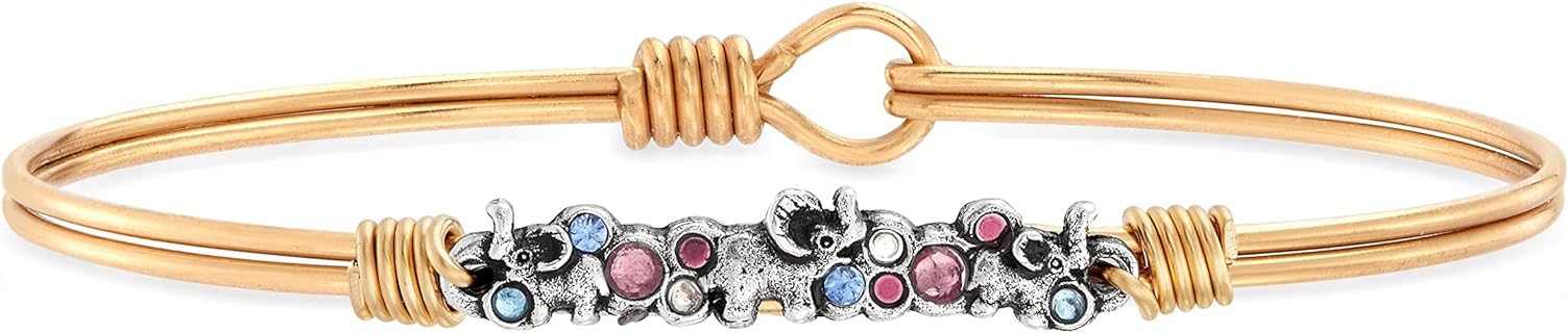 Luca + Danni Women's Elephant Medley Brass Bangle Bracelet with S Hook Clasp & Box Chain Design - Symbolic Jewelry Made in USA