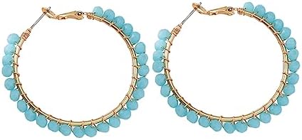 Boho Ethnic Turquoise Beaded Hoop Earrings Western Natural Stone Stainless Steel for Women Cowgirl Tribal Bohemian Beach Jewelry