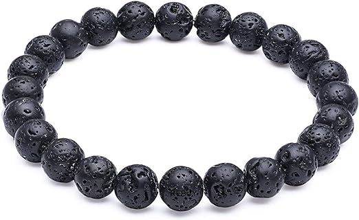 REBUY Lava Stone Beads Bracelet Natural Crystal Healing Bracelet Gemstone Jewellery Stone Bracelet for Men & Women, Color Black, Bead Size 8 mm