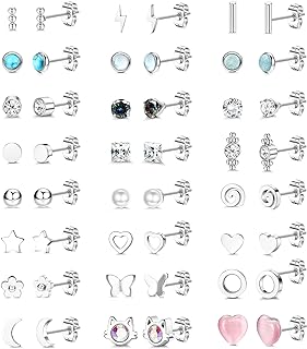 Butterfly Clasp Stainless Steel Cubic Zirconia Stud Earrings for Men and Women - 24 Pairs of Geometric, Star, Heart, Pearl, and Cubic Zirconia Designs