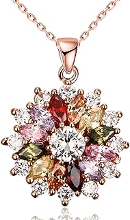 VONSSY Colorful Snowflake Pendant Necklace Earrings Rose Gold 5A Cubic Zirconia | Crystal Sweater Chain | Multi Gemstone Garnet Amethyst Morganite Peridot Prom Rhinestone Necklaces for Women Girls Daughter Sister Vintage Stylish Gift