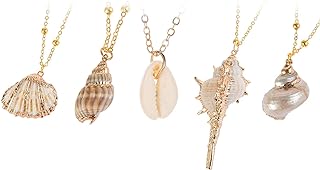 5Pcs Shell Necklace,Natural Seashell Scallop Conch Shell Pendant Necklace with Gold Edge,Adjustable Simple Seashell Necklace Beach Sea Shell Necklace,Handmade Seashell Jewelry Gifts for Women Girls