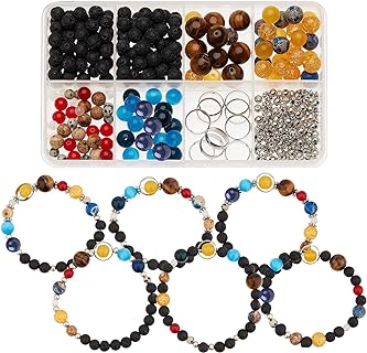 SUNNYCLUE DIY Solar System-Inspired Tiger Eye Bead Necklace and Bracelet Kit in Silver with Adjustable Clasp, Perfect Crafting Gift for Kids