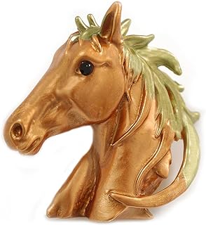 Bronze Gold/Green Enamel Horse Head Brooch/Pendant in Gold Tone Metal - 40mm Tall
