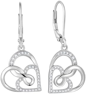 Double Heart Earrings 925 Sterling Silver Infinity Leverback Dangle Drop Earrings with Cubic Zirconia For Women Anniversary Christams Jewelry Gift