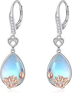 Lever Back Lotus Stud Earrings with Stunning Moonstone - Sterling Silver Earrings for Women and Girls - Dainty Lotus Design