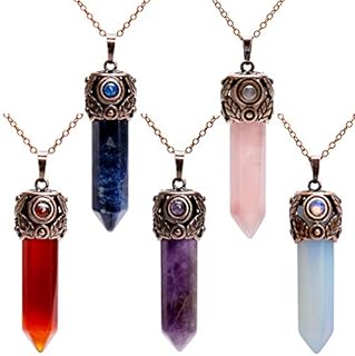 Bivei Retro Antique Brass Chakra Necklace Hexagonal Prism Gemstone Quartz Crystal Stone Healing Pendant (Pack of 5)