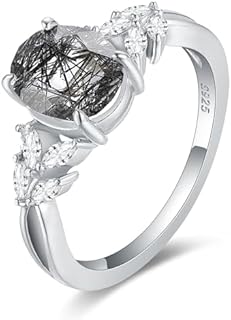 CZ Ring for Women Crossed Shank Platinum Plated 925 Sterling Silver Wedding Rings 1.5 Carats Oval Cut Natural Black Rutilated Quartz Engagement Rings for Women Art Deco Black Ring for Women Crystal Promise Rings