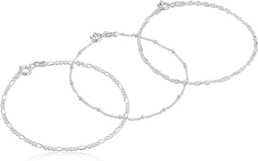 Spring Ring Clasp Sterling Silver Bead Chain Bracelets Trio Set - Figaro, Bead Station & Singapore Chain Design for Women - Italian Craftsmanship