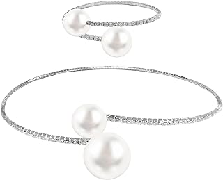 2Pcs Open Gold Silver Pearl Choker Necklace Bracelet Set for Women,Adjustable Gold Silver Pearl Choker Necklaces Bracelet Round Open Cuff Necklace Elegant Cuff Collar Necklace for Women