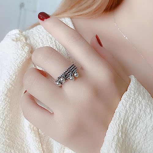 Vintage 925 Sterling Silver Open Ring Beads Tassel Multi-Layer Woven Ring Handmade Polishing Dainty Ring Jewelry Comfort Fit Cute Charms Dangle Jewelry Christmas BFF Gift