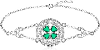 Shamrock Four Leaf Clover Bracelet for Women St Patricks Day Bracelet Sterling Silver Celtic Knot Irish Green 4 Leaf Clover Shamrock Bracelets Jewelry Charm Good Luck Gifts