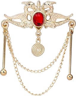 Men's Alloy Metal Gold Dragon Brooch Pin with Red Gemstone and Hanging Chain Design by Knighthood