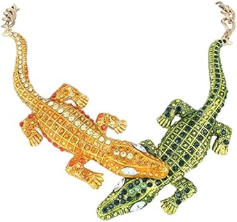 EVER FAITH Austrian Crystal Enamel Art Deco 2 Fighting Crocodile Necklace Gold-Tone for Feast