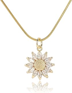 14K Gold Plated Lobster Clasp Sunflower Pendant Necklace with Snake Chain & Cubic Zirconia for Women and Teen Girls