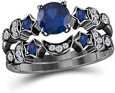 Moon Star Style Wedding Band Bridal Set 1.75 tcw CZ Blue-Sapphire & Cubic Zirconia Round Engagement Ring Set Size 4 to 11