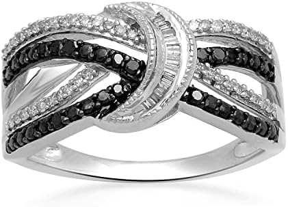 Jewelili Sterling Silver 1/4 Cttw Treated Black and Natural White Round Baguette Diamond Knot Ring, Size 7