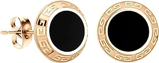 Post-and-nut Black & Gold Stainless Steel Stud Earrings with Greek Key & Onyx Design for Women & Girls