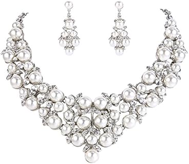 BriLove Women's Wedding Bridal Crystal Cream Simulated Pearl Cluster Statement Necklace Dangle Earrings Set