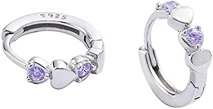 Double Love Heart Cubic Zirconia Small Hoop Earrings for Women Teen Girls 925 Sterling Silver Tiny Cute Huggie Hoops Cartilage Hypoallergenic for Sensitive Ear Birthstone Amethyst