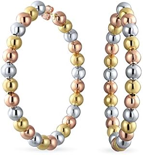 Large Tri Color Bead Round Fashion Statement Three Tone Big Hoop Earrings for Women Teen Piercing 18K Yellow White Rose Gold Plated High Polished Latch Back Closure 2.2 Inch Diameter