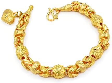 Beaded Lai Thai Heart Dangle Jewelry Gold Plated Bangle 22k 23k 24k Thai Baht Yellow Gold Filled Bracelet 6.5 inch For Women