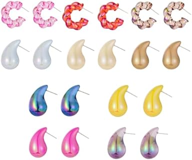 10-Pair Set of Colorful Teardrop Hoop Earrings for Women - Hypoallergenic Acrylic Material with Stainless Steel Backings