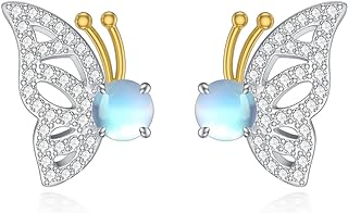 Charming Sterling Silver Butterfly Moonstone Stud Earrings with Secured Screw Back for Women and Girls, Perfect Gift for Loved Ones