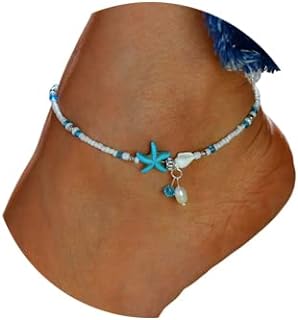 Jeweky Boho Starfish Anklets Blue Ankle Bracelets Pearl Chain Beach Foot Jewelry for Women and Girls