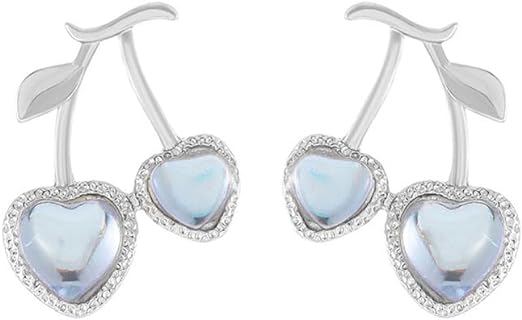 Cherry Fruit Choker Necklace Blue Crystal Cherry Stud Earrings Pinky Cherry Pendant Necklace Double Layered Beaded Choker Chain Y2K Collar Necklace for Women Girls