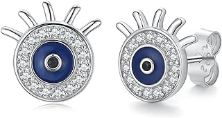 La Pousette Zircon 925 Sterling Silver Evil Eye Stud Earrings - Turkish Blue Eye Design for Women and Girls