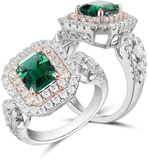 DovEggs Emerald Enagement Rings for Women 3ct Center Lab Grown Zambia Emerald Moissanite Accents Double Halo Split Shank Wedding Ring Sterling Silver Two Tone