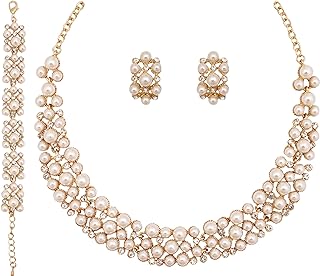 Gold-Plated 3-Strand Pearl Choker Necklace set with Crystal Accents, Lobster Clasp, Bridal Jewelry for Women, Elegantly Designed