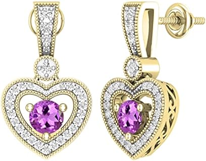 Dazzlingrock Collection 4.5mm Round Gemstone & White Diamond Filigree Groove Sides Heart Shape Milgrain Edged Drop & Dangle Earrings for Her (White Diamond 0.29 ctw, I-J Color, Clarity I1-I3) in Gold